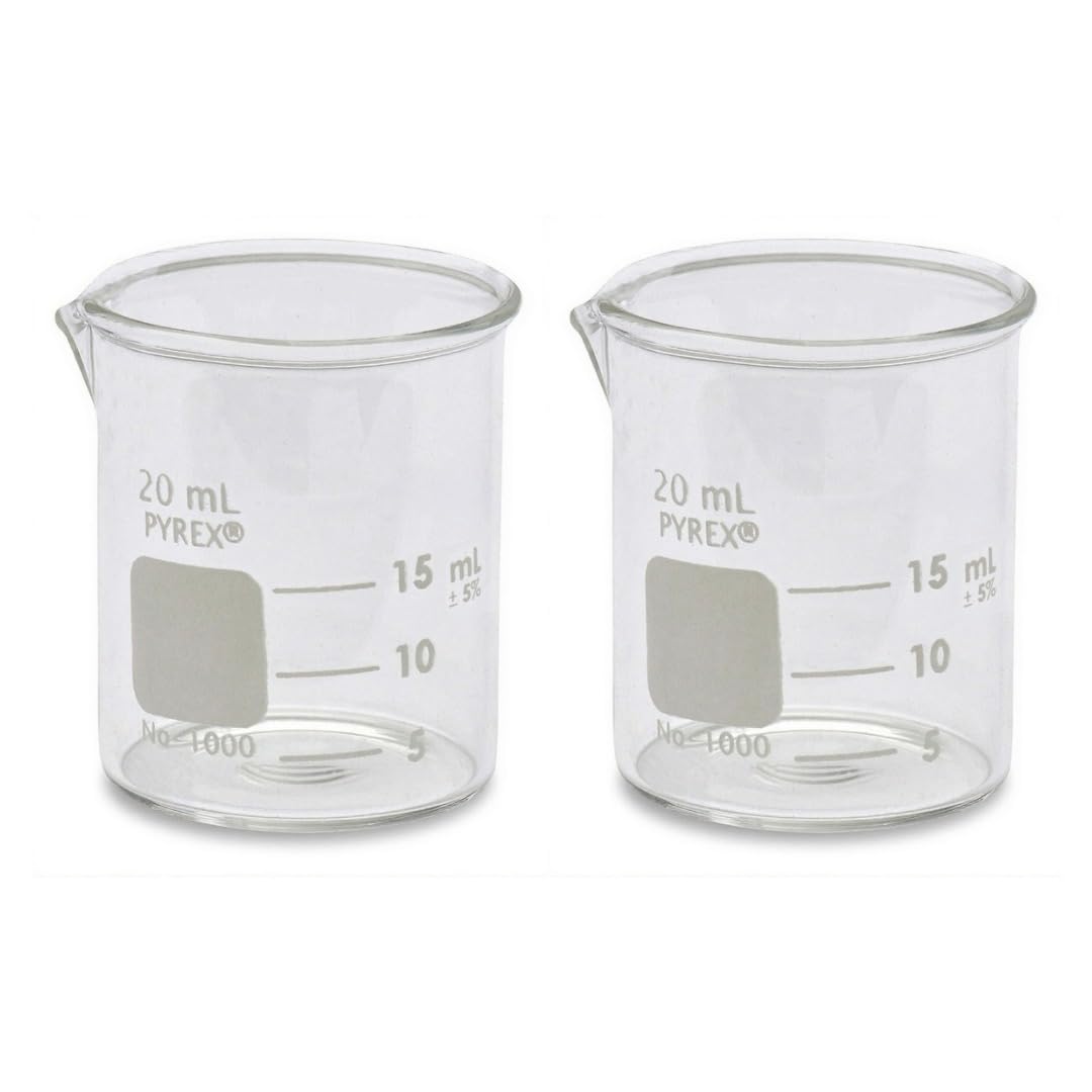 PYREX Griffin Borosilicate Glass Beaker- Low Form Graduated Measuring Beaker with Spout – Premium Scientific Glassware, 20mL (Shelf Pack of 2)