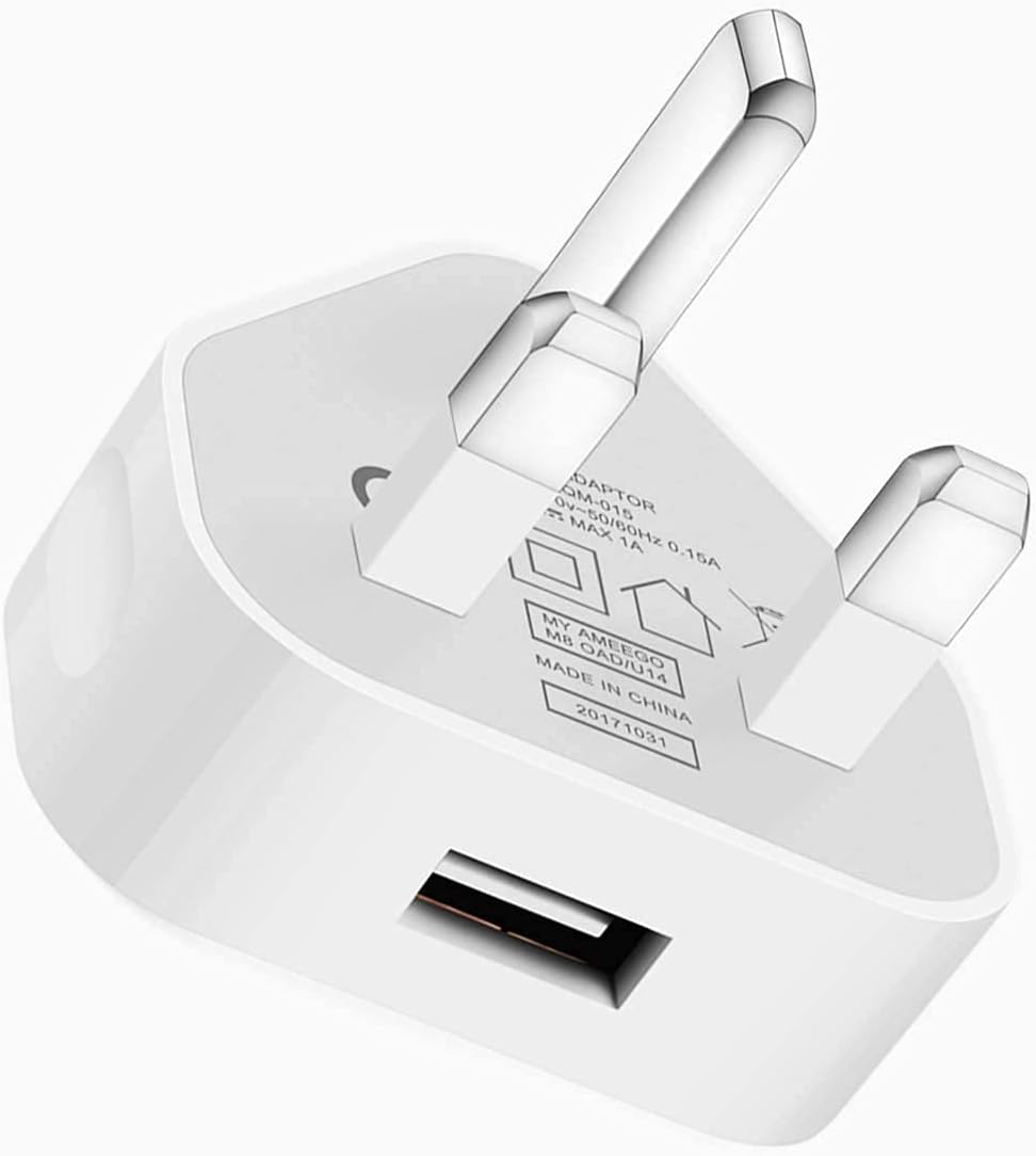 TECHNOPLAY UK 3 Pin Plug USB Mains Charger Adapter - 1AMP 1000mAh Fast Speed Travel Charger - Compatible with iPhone, iPad, iPod, Samsung Galaxy Tab, Huawei Tablet & USB Devices (White)