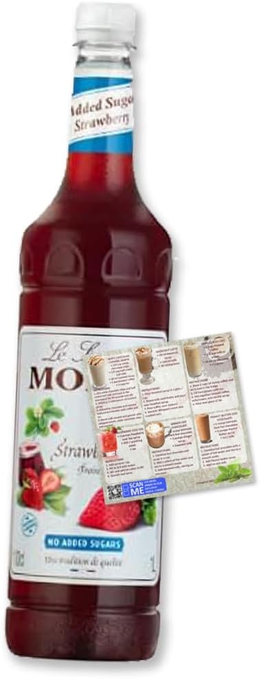 Monin Strawberry No Added Sugar Coffee Syrup Premium 1L for Cocktails and Coffee | Natural Flavours and Colourings | Vegetarian-Friendly | Reduced Sugar | Includes Drink Recipe eBook