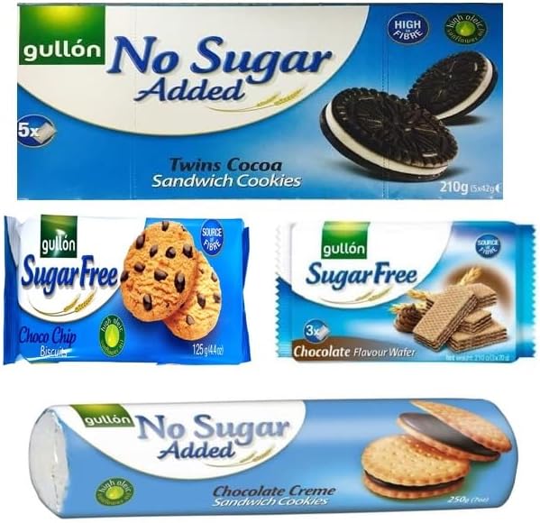 Gullon Sugar Free Mixed Chocolate Variety Selection Biscuits, Cocoa Sandwich, Chocolate Wafer, Chocolate chip cookies, Cream sandwich cookies, Perfect for sharing & Gifting (1 Bundle)