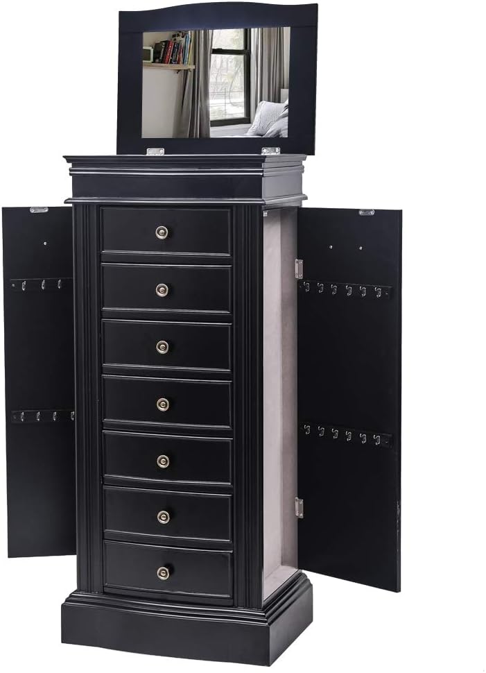 Standing Jewelry Armoire with Mirror, Large Jewelry Cabinet with 7 Drawers, 2 Side Doors with 24 Necklace Hooks, Standing Jewelry Organizer Storage Chest for Women, for Bedroom Closet (Black)
