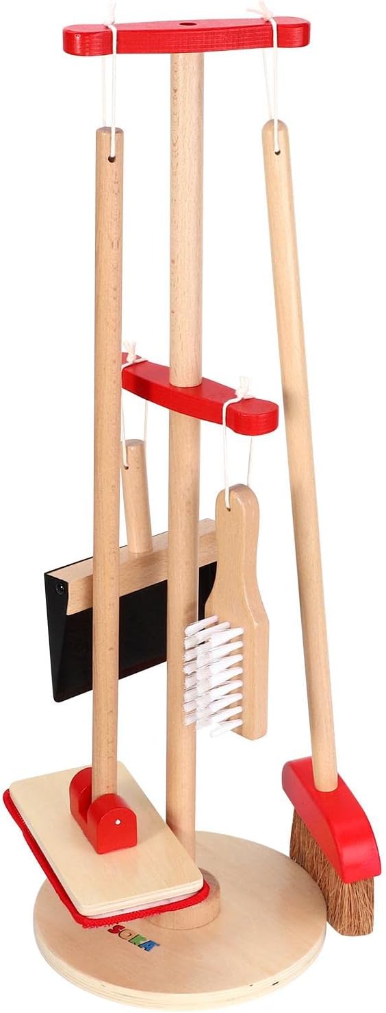 SOKA Wooden Toy Cleaning Kit Pretend Play Household Toy Set Includes Dustpan Broom Mop Brush Tool Kit Hanging Design Playhouse Games for Kids Toddlers Children Little Girls Boys Ages 3 year old +