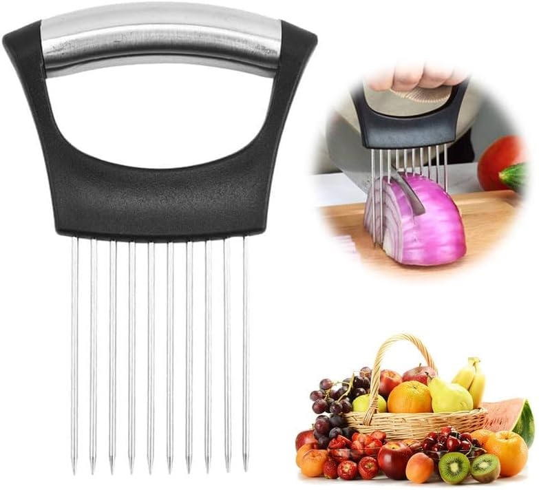 Onion Holder for Slicing, 2025 Upgraded Stainless Steel Food Slice Holder Lemon Slicer Vegetable Cutter - Kitchen Chopper Slicing Assistant Tool for Meat/Onion/Potato/Tomato (1)