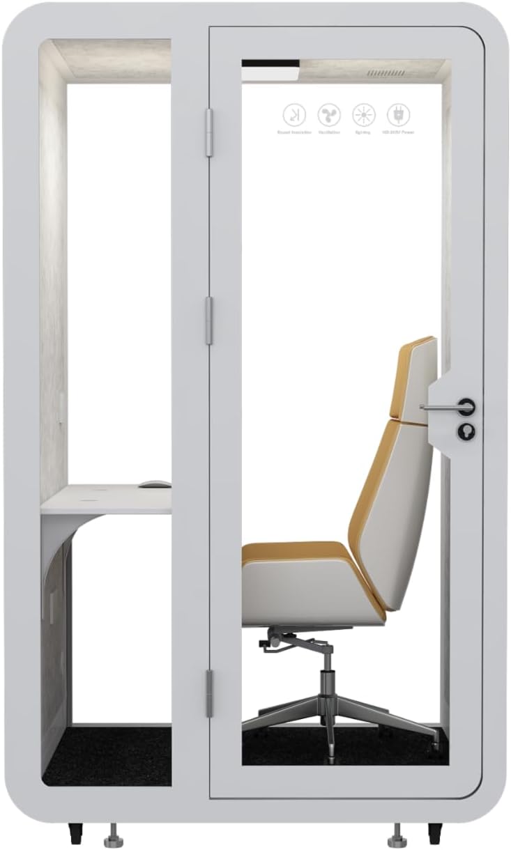 GEARONIC Solo Office Sound Booth Pod Audio Privacy, Mobile Roller with Desk, LED Light, Fans and AC USB Ports (White)