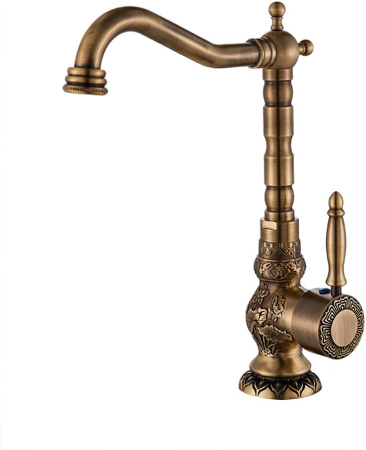 Kitchen Tap High Arc Sink Mixer Taps, Antique Style Brass Single Lever 360° Swivel Commercial Kitchen Faucet, 1 Hole, Antique Brass Finished