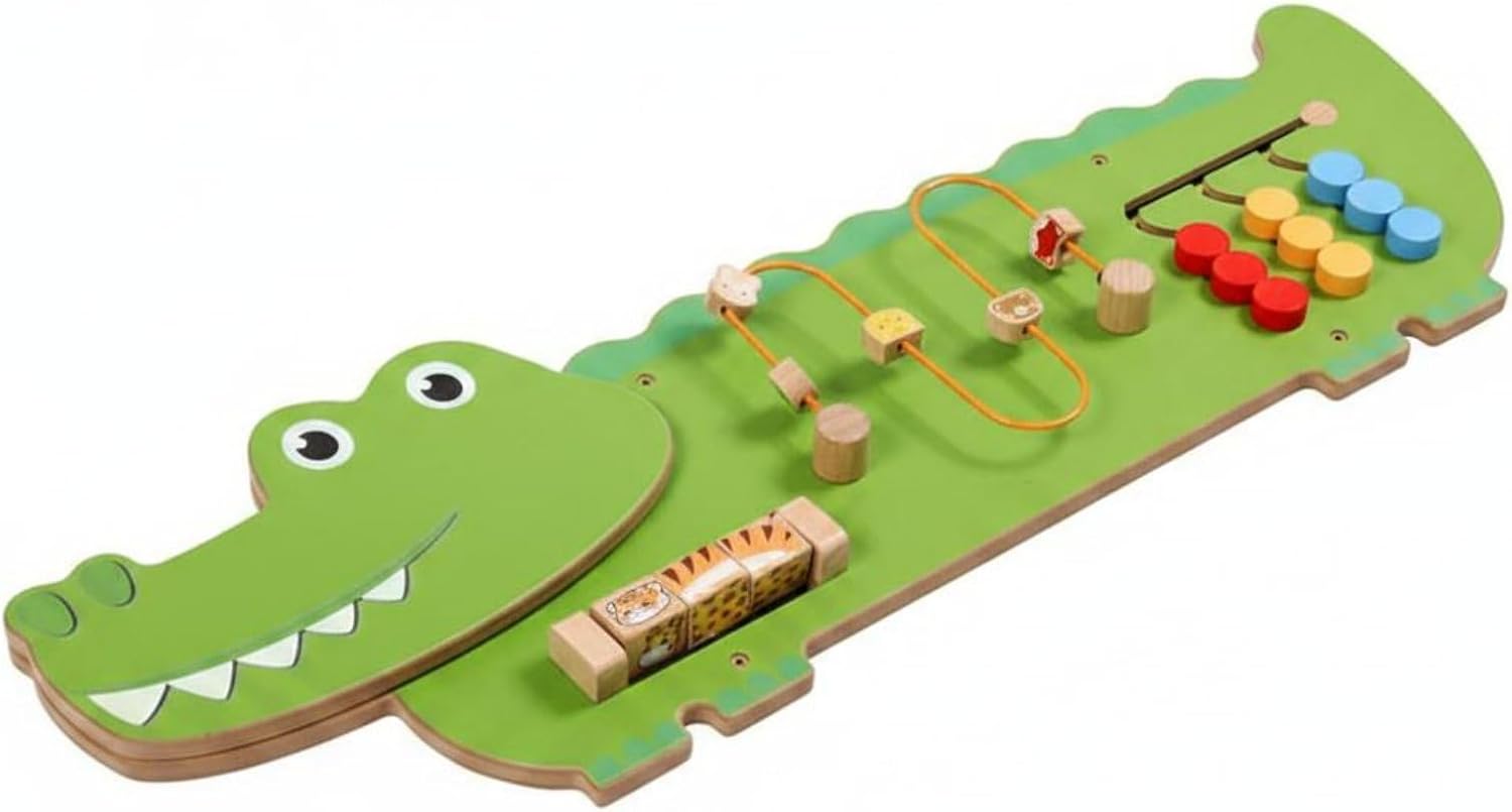Wood Wall Activity Board CE Certified Wall-Mounted Educational Board Hand Eye Coordination for Preschoolers, Crocodile-themed Wall Game