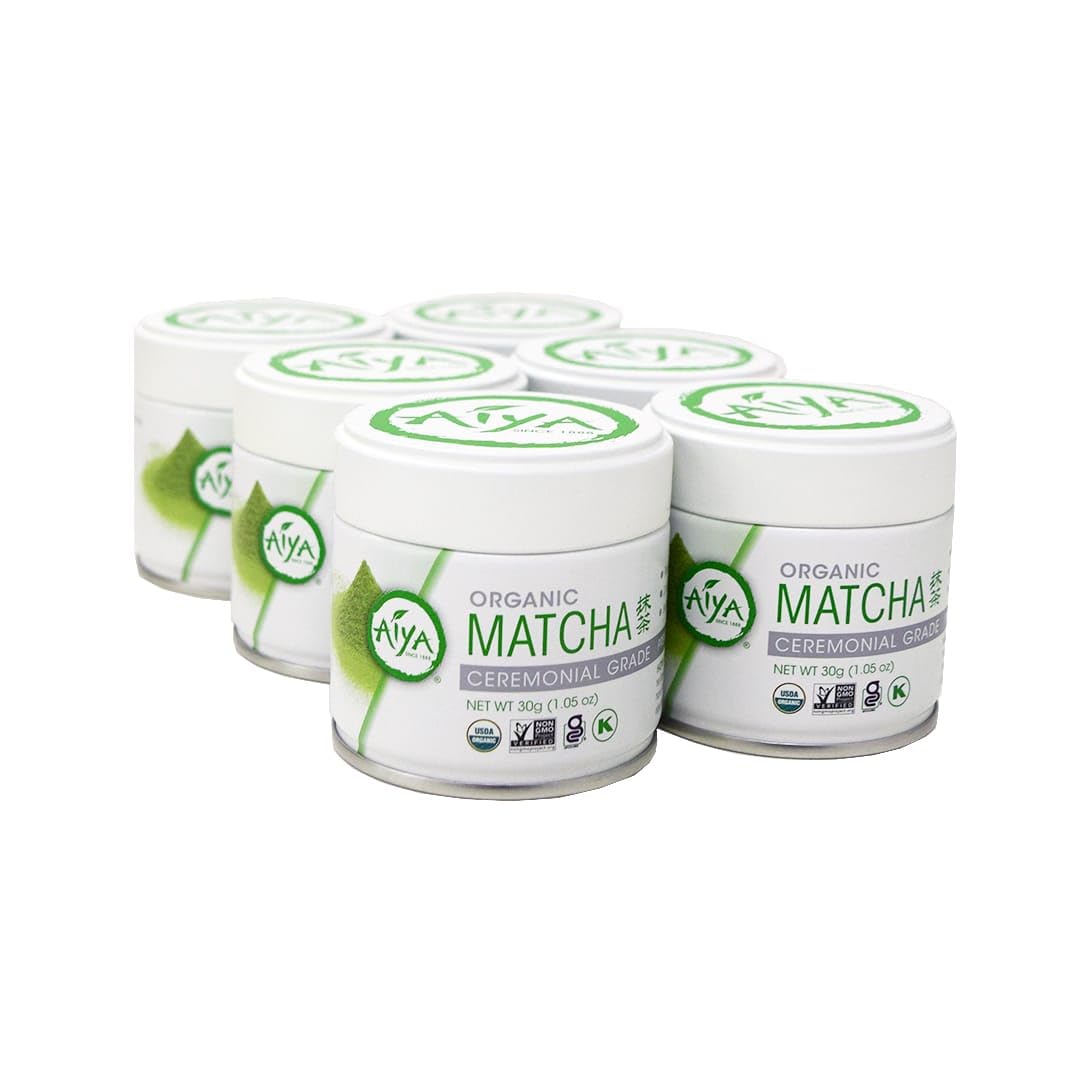Aiya Organic Ceremonial Grade Matcha Powder - Premium Matcha Ceremonial Grade, Vibrant Jade Green Color, Mild Natural Sweetness, Japanese Tea Ceremonies - 6 Pack 30g Tin