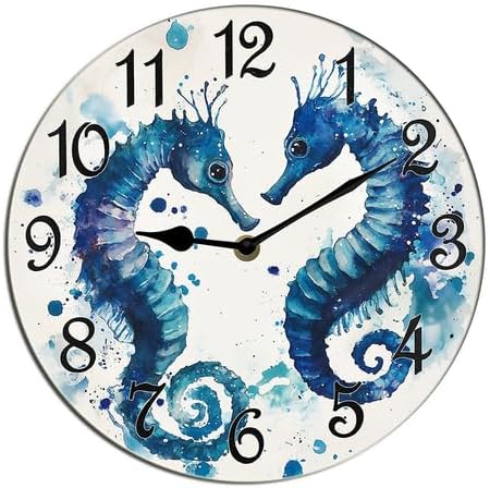 Horienteeon Seahorse Wall Clock Ocean Couple Love Clock Silent Non Ticking Battery Operated Rustic Farmhouse Kitchen Clocks Decorative For Living Room Bedroom Office Shop Hotel Round 10"