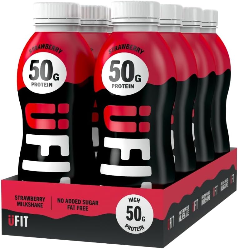 UFIT High 50g Protein Shake (8 x 500 ml) - Strawberry Flavour - No Added Sugar - High in Protein - Low in Fat - Gut Friendly - Ready to Drink - Packaging May Vary