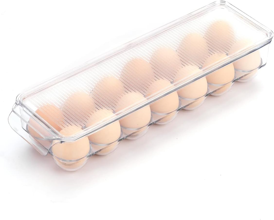 Egg Holder for fridge with Lid, Egg Container For Refrigerator Plastic Organizer Bins,Clear 14 Eggs Trays for Home/Kitchen Storage (14 Eggs, 1 Pack)