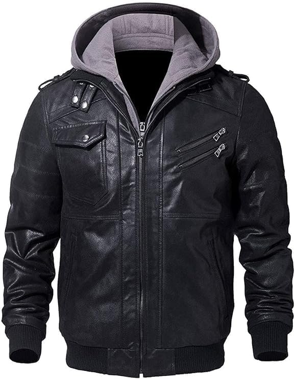 FIT WEAR Fitman Men's Lambskin Leather Bomber Jacket, Removable Hood