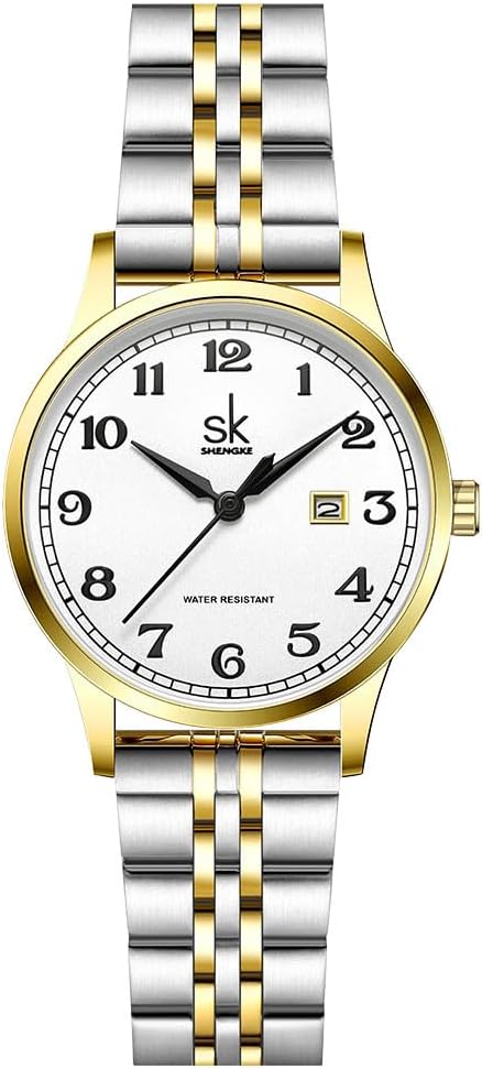 SHENGKE SK Classic Business Women Watches with Stainless Steel Band and Genuine Leather Elegant Ladies Calendar Watch