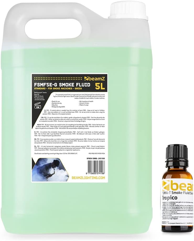beamz 5L Eco-Friendly Smoke Machine Fluid with 30ml Tropical Fragrance, Water-Based Biodegradable Formula for Party, DJ, Events, Low-Density Fog Liquid, Leaves No Residue or Stains