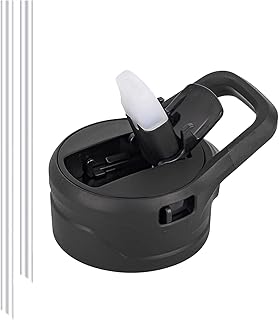 Replacement Straw Lid with Carrying Handle for IDEUS Wide Mouth 12 18 24 32 40 64 oz Insulated Sports Water Bottles, BPA Free, 2 Straws, Black
