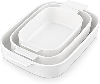 MALACASA Casserole Dishes for Oven, Porcelain Baking Dishes Set of 3, Durable Casserole Dish Set Lasagna Pan Deep, Ceramic Bakeware Sets with Handles, White (13.8''/11.7''/9.4''), Series Bake