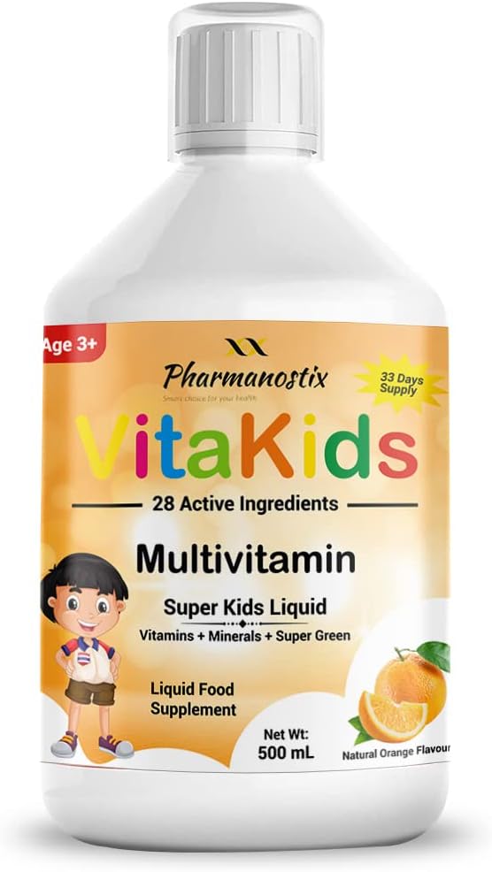 Kids Multivitamin Liquid 500ml, 28 Active Ingredients Superfood Greens - CoQ10, Lutein & Spirulina, Supports Brain & Cardiovascular Health, Natural Orange Flavour, High Absorption, 33 Days Supply