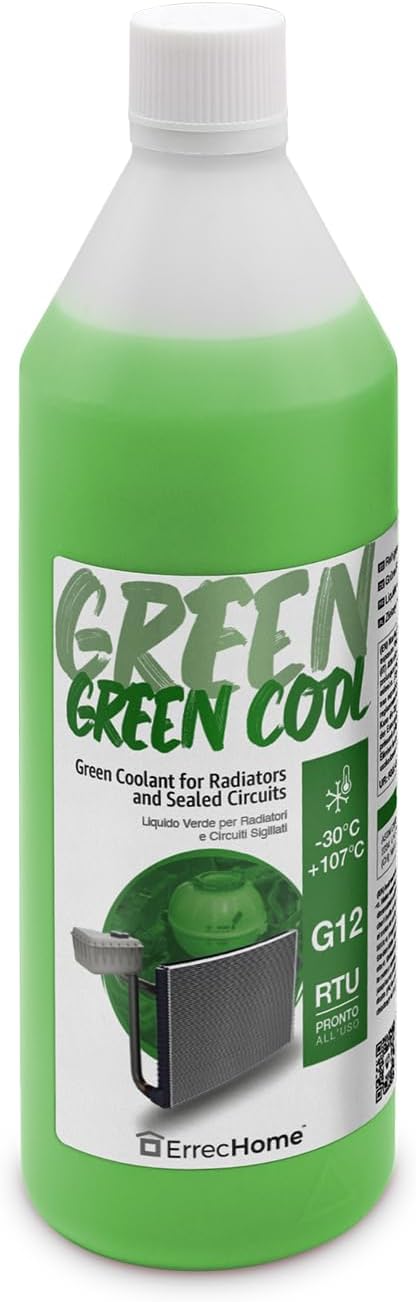 ERRECHOME Green Cool, Green Coolant and Antifreeze -30°C/+107°C, Formulation with organic-based OAT inhibitor package, G12, Ready to Use, 1 Litre