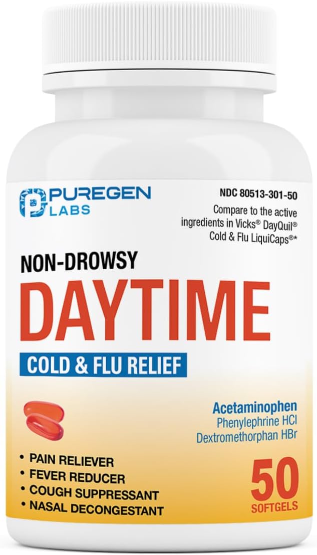 Puregen Labs Non-Drowsy Cold & Flu Medicine for Adults (50 Softgels) | Multi-Symptom Relief for Severe Congestion, Headache, Sore Throat, Fever, Aches and Pains (Daytime)