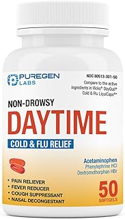 Puregen Labs Non-Drowsy Cold & Flu Medicine for Adults (50 Softgels) | Multi-Symptom Relief for Severe Congestion, Headache, Sore Throat, Fever, Aches and Pains (Daytime)