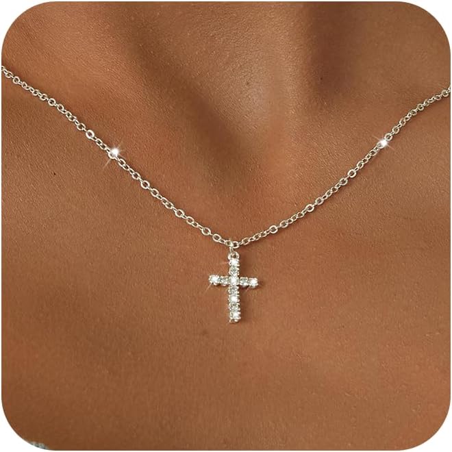Tewiky Cross Necklace for Women-Dainty Simple 14k Gold/sterling silver Plated Cross Pendant Cute Diamond Necklaces for Women Gold Jewelry
