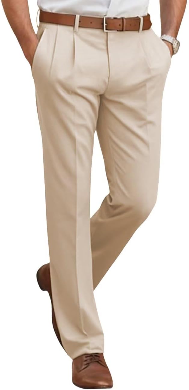 Men's Classic Fit Dress Pants Straight Leg Spring Summer Casual Suit Pants Pleat Front Plain Work Business Trousers Slacks