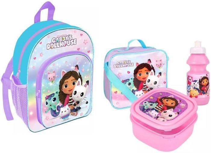 Official Licensed Kids 4-Piece School Set Backpack, Lunch Bag, Water Bottle & Snack Box Back to School Bundle for Boys & Girls (Deluxe Gabby's Dollhouse + 3Pcs Lunch Set Bundle 14)