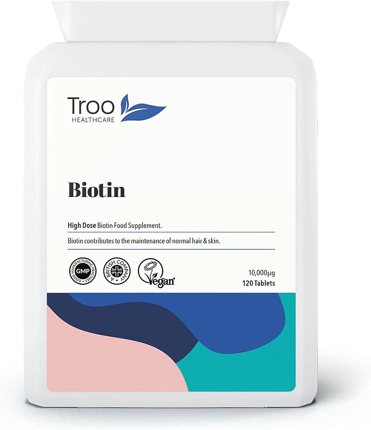 Troo Health Care Biotin 10000µg Supplement - 120 High Strength 10000 mcg Vitamin B7 Tablets for Hair Skin and Nail Support - UK Manufactured to GMP Standards - 4 Month Supply