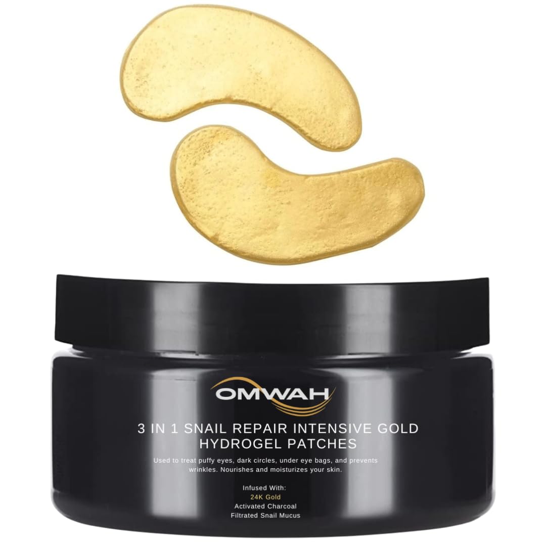OMWAH Under Eye Mask for Face, Dark Circles and Puffiness, Beauty & Personal Care with Snail Mucin 24K Gold and Activated Charcoal Hydrogel Patches - 60 PCS (30 Pairs) (60 PCS)