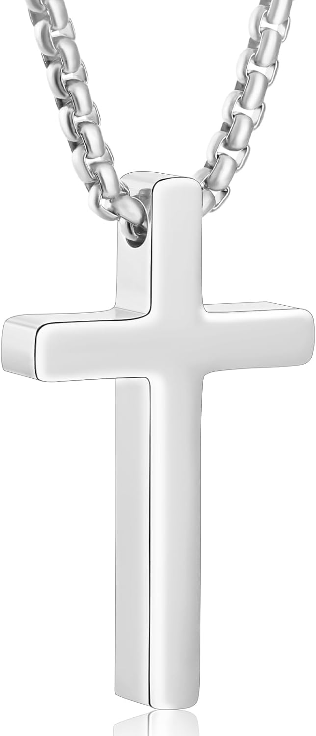 Aretas Stainless Steel Cross Pendant Necklace for Men Boys, Christian Confirmation Baptism Cross Chain with 16-24 Inches Jewelry Easter Gifts