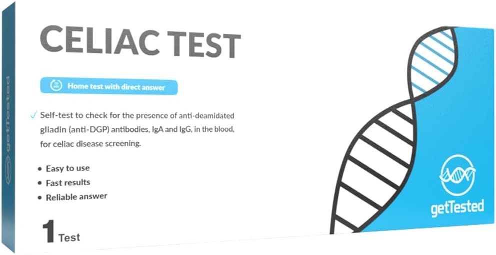 getTested GetTested at Home Celiac Test (1 Test) /Gluten Intolerance Rapid Test Quickly detects Class IGA and IgG Anti-DGP antibodies in Your Blood.