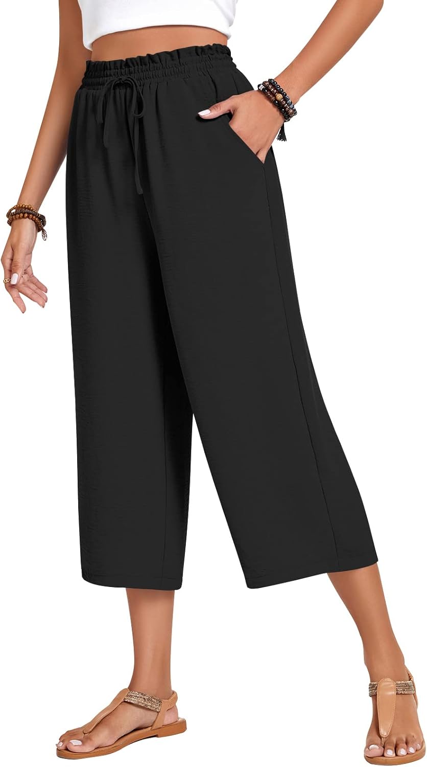 Anyhold Women's Capri Pants Drawstring Casual Palazzo Trousers with Pockets Loose High Waisted Wide Leg Lounge Pants