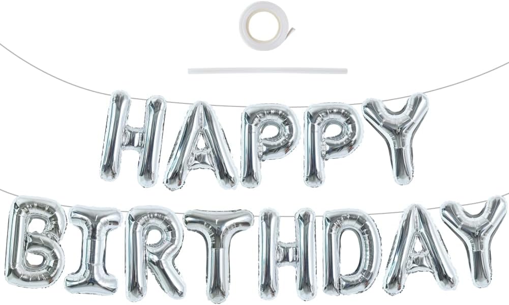 TONIFUL Laser Silver Happy Birthday Banner 16 Inch Mylar Foil Letters Sign Bunting Reusable for Kids & Adults Birthday Decorations and Party Supplies