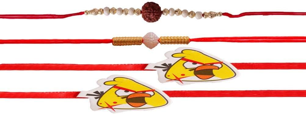 Designer RUDRAKSH and Angry Bird Rakhi Combo(Pack of 4), Metal, Diamond