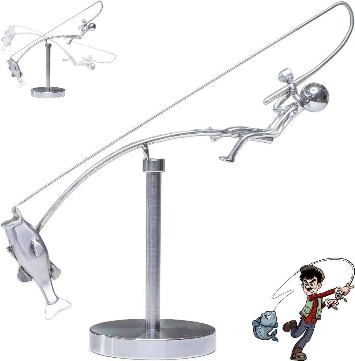 Kinetic Fisherman Balancing Sculpture - Handcrafted Metal Art Statue for Home/Office Desktop Decor, Unique Balance Gift for Fishing Enthusiasts & Collectors (1Pcs)