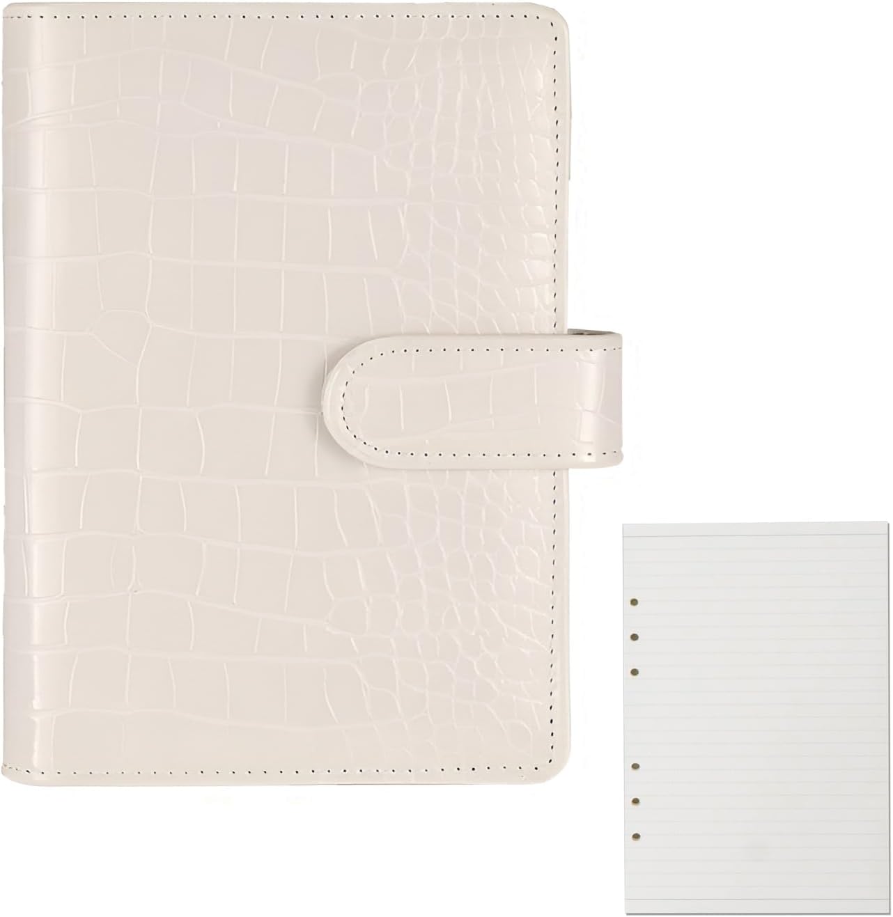 A5 Leather 6 Ring Binder - Crocodile Pattern Planner Cover Refillable with 80 Lined Sheets for Budget,Journal,Money Organizer -Beige