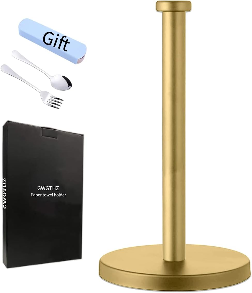 Stainless Steel Paper Towel Holder, Gold Paper Towel Holder Countertop for Kitchen Bathroom, Standing Paper Towel Holder with Weighted Base for Standard or Rolls Brushed Brass, (Gold)…