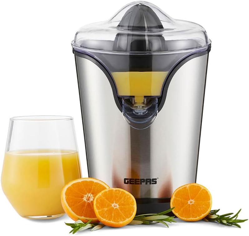 Geepas 100W Citrus Juicer Electric Orange Juicer | Professional Brushed Stainless Steel Fruit Juicer | Squeezes Oranges Lemons Lime Juices | Freshly Pressed Fruit Juices in Seconds - 2 Year Warranty