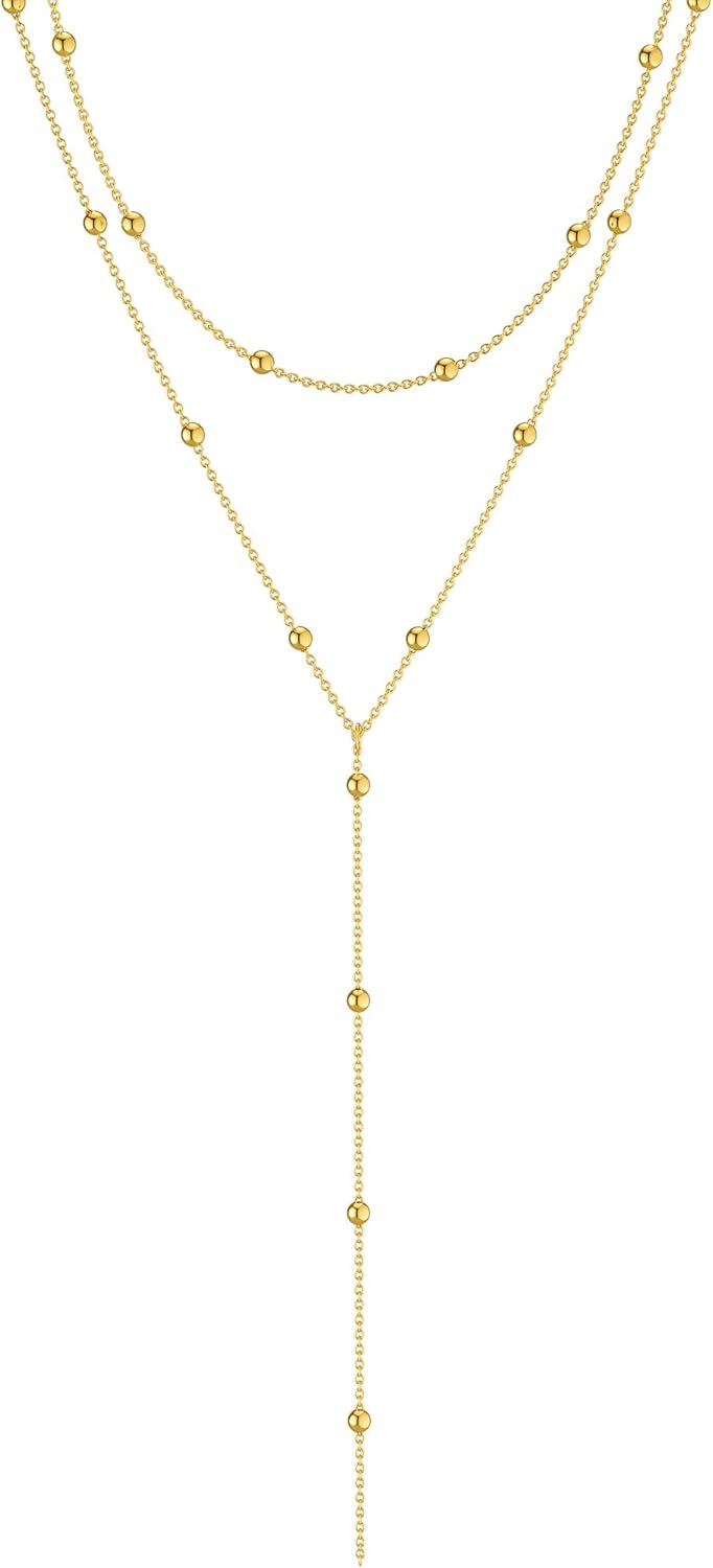 Foxgirl Lariat Gold Necklace for Women, Dainty Long Necklace 14k Gold Plated/Silver Y-Shaped Pendant Necklace Trendy Layered Cz Beaded Chain Drop Necklaces Simple Gold Jewelry For Women Gift
