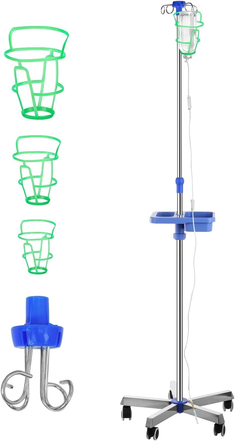 Varku Stainless Steel IV Pole with Wheels - Adjustable Drip Stand with Handle & Storage Tray - 22 Lbs Bearing Capacity Infusion Stand with 4 Hooks & 3 IV Bag for Hospital & Home Care (5 Wheels)