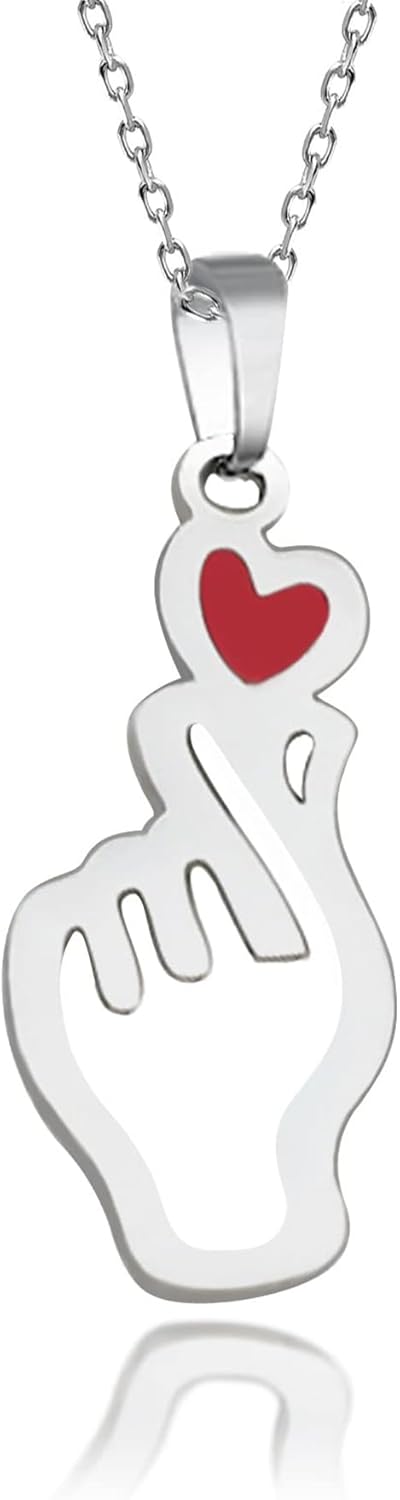 TOLOWOBK BTS Kpop Gifts for Women Girls, Silver Finger Heart Charm Necklace BTS Merchandise Gift for K pop Fan Jewellery Concert Valentines Birthday Gifts for Girlfriend Mum Daughter Sister Wife