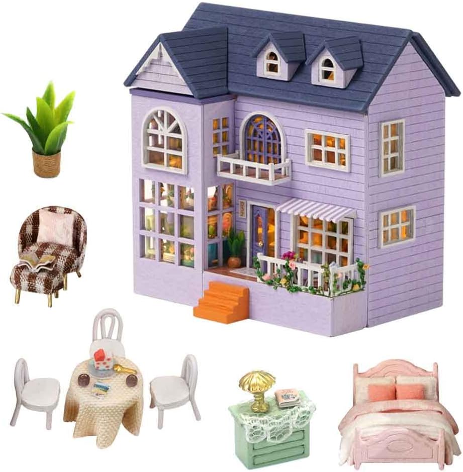Miniature European-Style Chalet Cottage Dollhouse Kit Wooden Furniture, DIY Dollhouse Kit with LED Creative Room,Adult Teenager Children Gift (Double Storey Villa)
