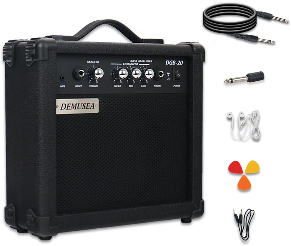 20W Electric Bass Amplifier Black Bass Amp Portable Travel Beginner Practice Headphone Jack Aux Treble Middle Bass Mp3 with 3m Noiseless Cable Adapter Picks Aux Cable Earphone