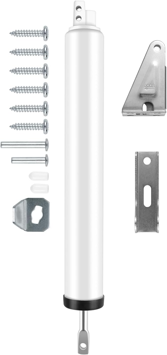 Screen and Storm Door Closer Kit, Heavy Duty Pneumatic Screen and Storm Door Closer, Screen and Storm Door Push Button Latch Set Replacement Kit, Adjust Smooth Closing Speed (White)
