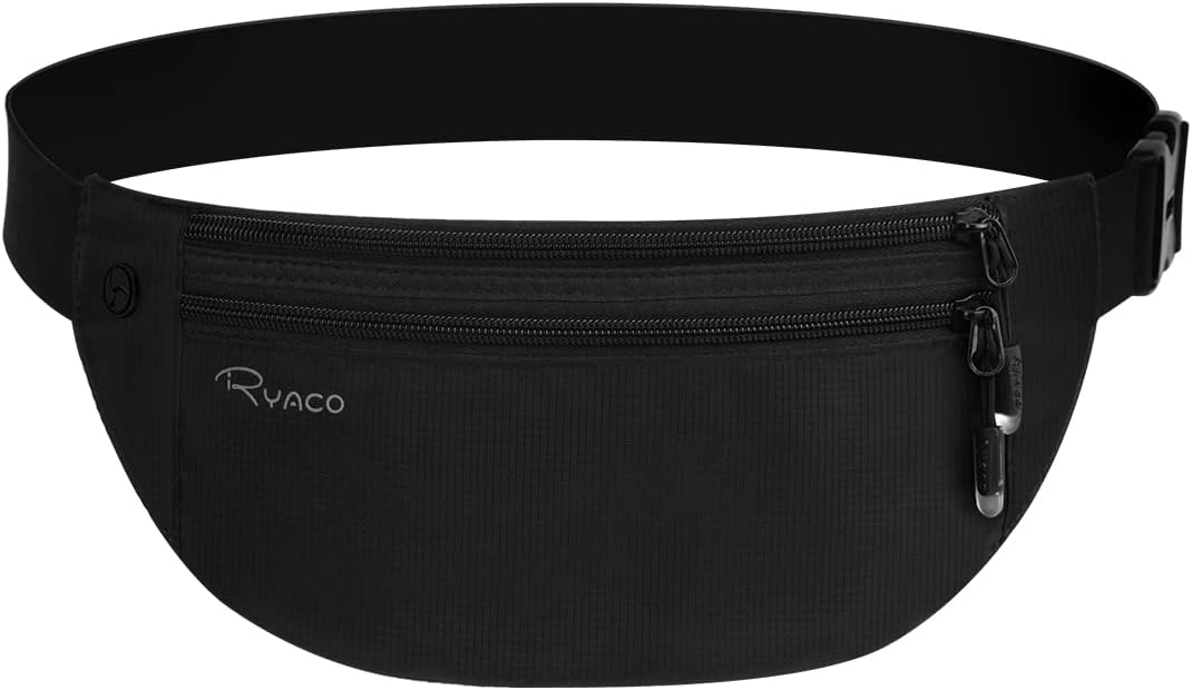 RYACO Money Belt for Men & Women Travel Hidden Wallet Secure RFID Blocking Waterproof Pouch for Passport, Cards, Cash& Phone Adjustable& Wearable Slim Waist Bag Under Clothes (Black)
