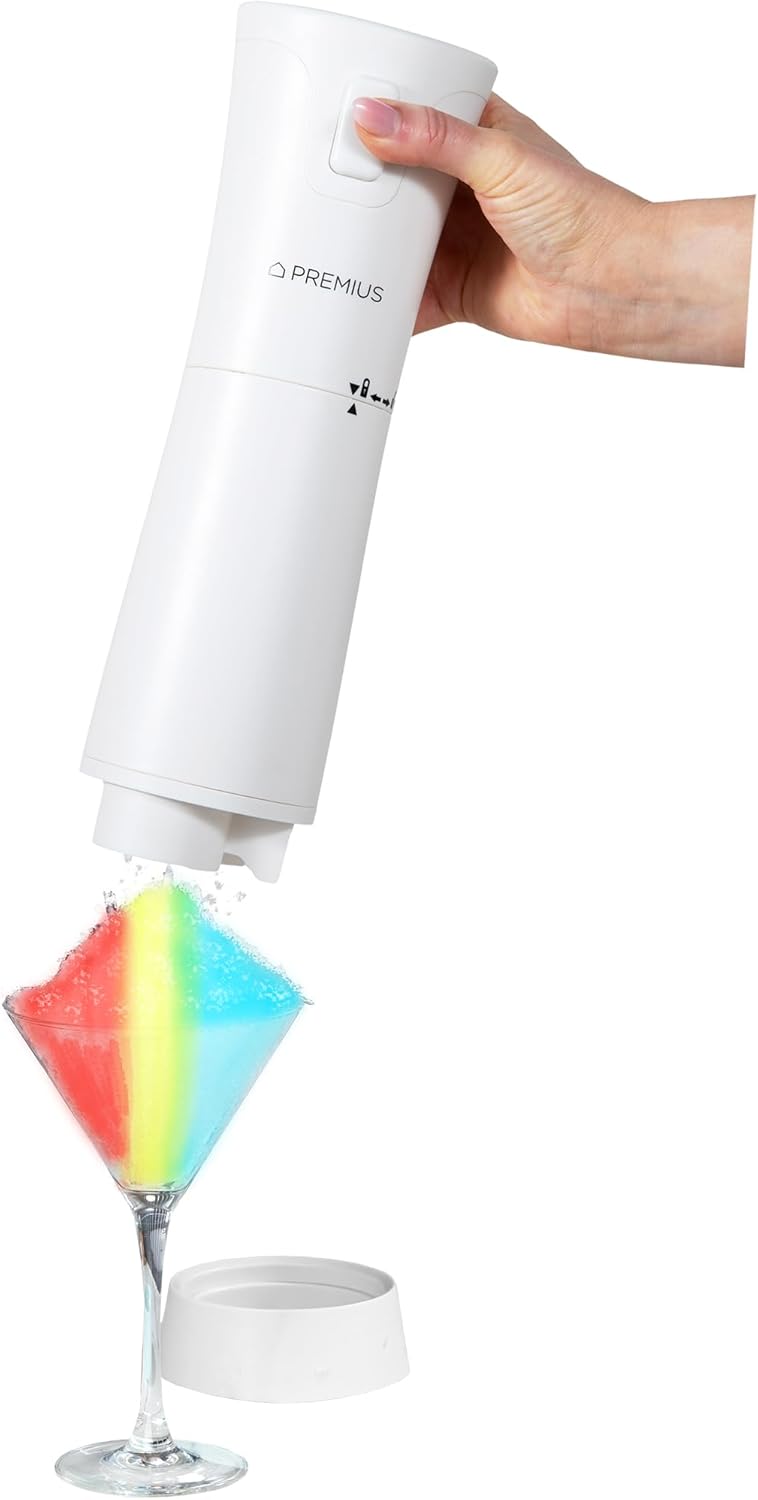 Cordless Shaved Ice Maker By PREMIUS – Lightweight, Rechargeable, Bonus Recipe Book, Resting Stand – Hawaiian Shaved Ice! USB Cord Included – Up to 40 Snow Cones Per Charge! No Molds Needed! (White)