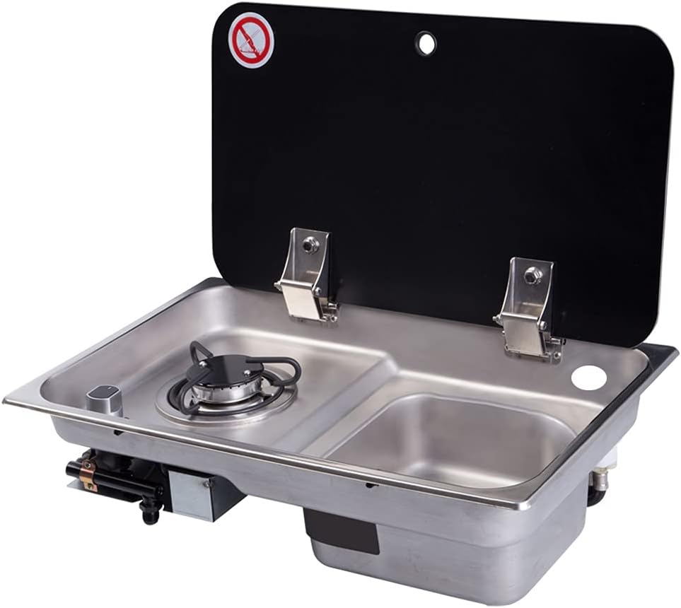 RV Stove 1 Burner with Sink and Tempered Glass Cover