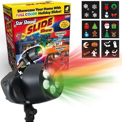Star Shower Slide Show Full Color Projector Multi Purpose with 4 Christmas & 2 Halloween Slides Included. Weather-Resistant, Decorate for Holidays Quick & Easy.