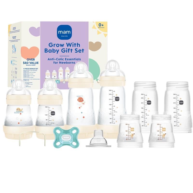 MAM Grow with Baby 15-Piece Gift Set, Newborn 0-4 Months, Anti-Colic Bottles and Silicone Nipples SkinSoft, Essential Baby Items, Unisex