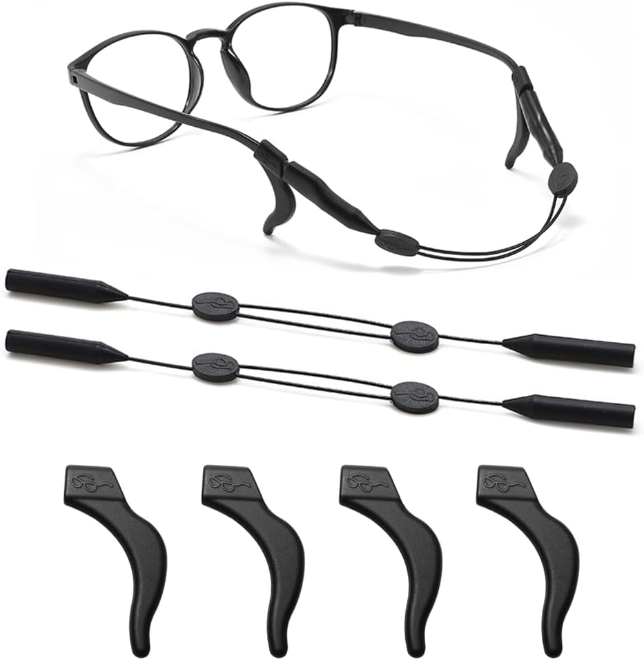 XFentech Black Eyewear Retainer Set - 2 Pcs Adjustable Silicone Eyeglasses Strap with 2 Pairs Anti-Slip Ear Hooks for Sunglasses Reading Glasses for Men Women Children