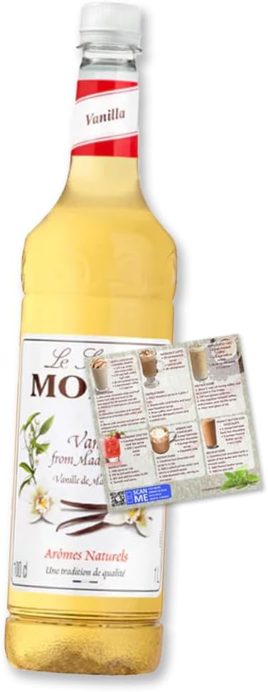 Monin Vanilla Coffee Syrup 1L for Coffee and Cocktail | Premium with Natural Flavours and Colourings | Vegan-Friendly | Includes Drink Recipe eBook